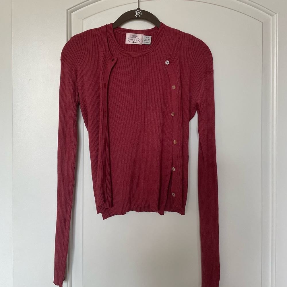 Tocca Deep Rose Ribbed Cardigan Set